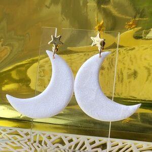 White Crescent Moon Earrings with Gold Star Accents